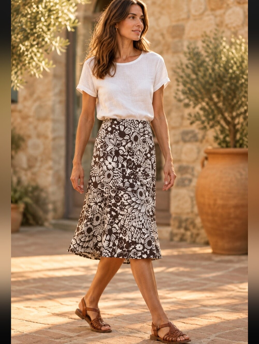 Reitmans Brown & Cream Juniors Floral A-Line Midi Skirt Flowy Size 7